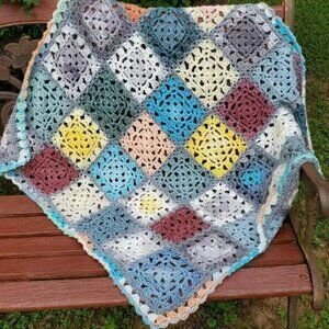 Crochet BABY BLANKET AFGHAN Lap Granny Squares 34" x 34" Soft Handmade Boy Girl